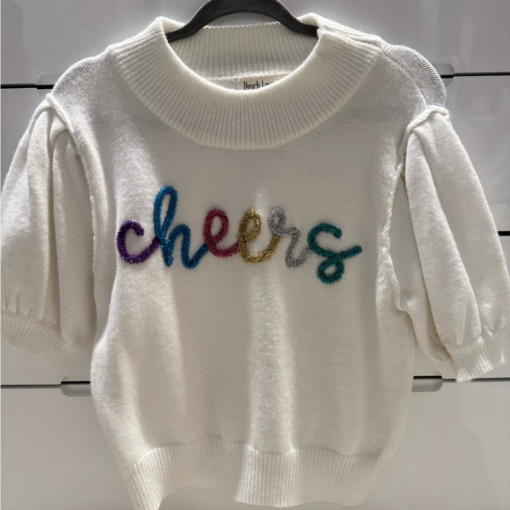 White Sweater with Colorful 'Cheers' Embroidery